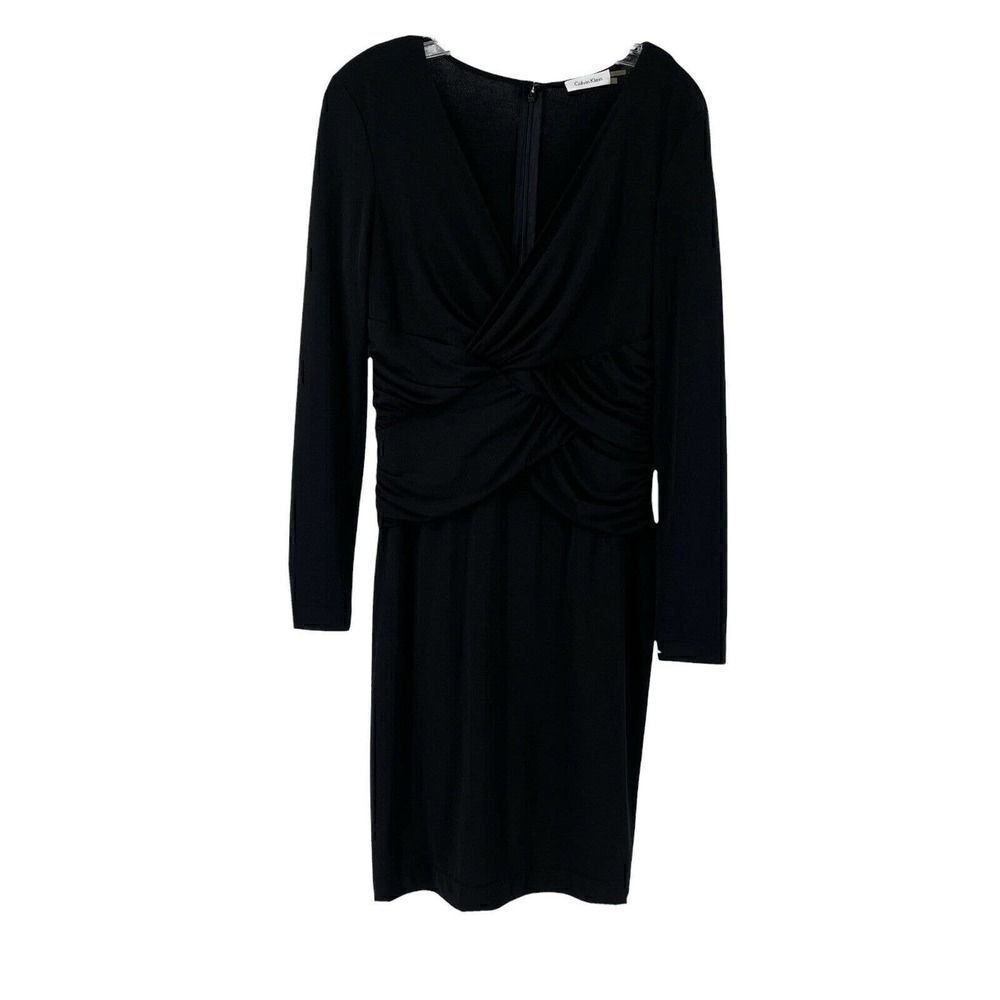 Calvin Klein Dress Black Ruched V Neck Long Sleeve Knee Length Classic Size 6
